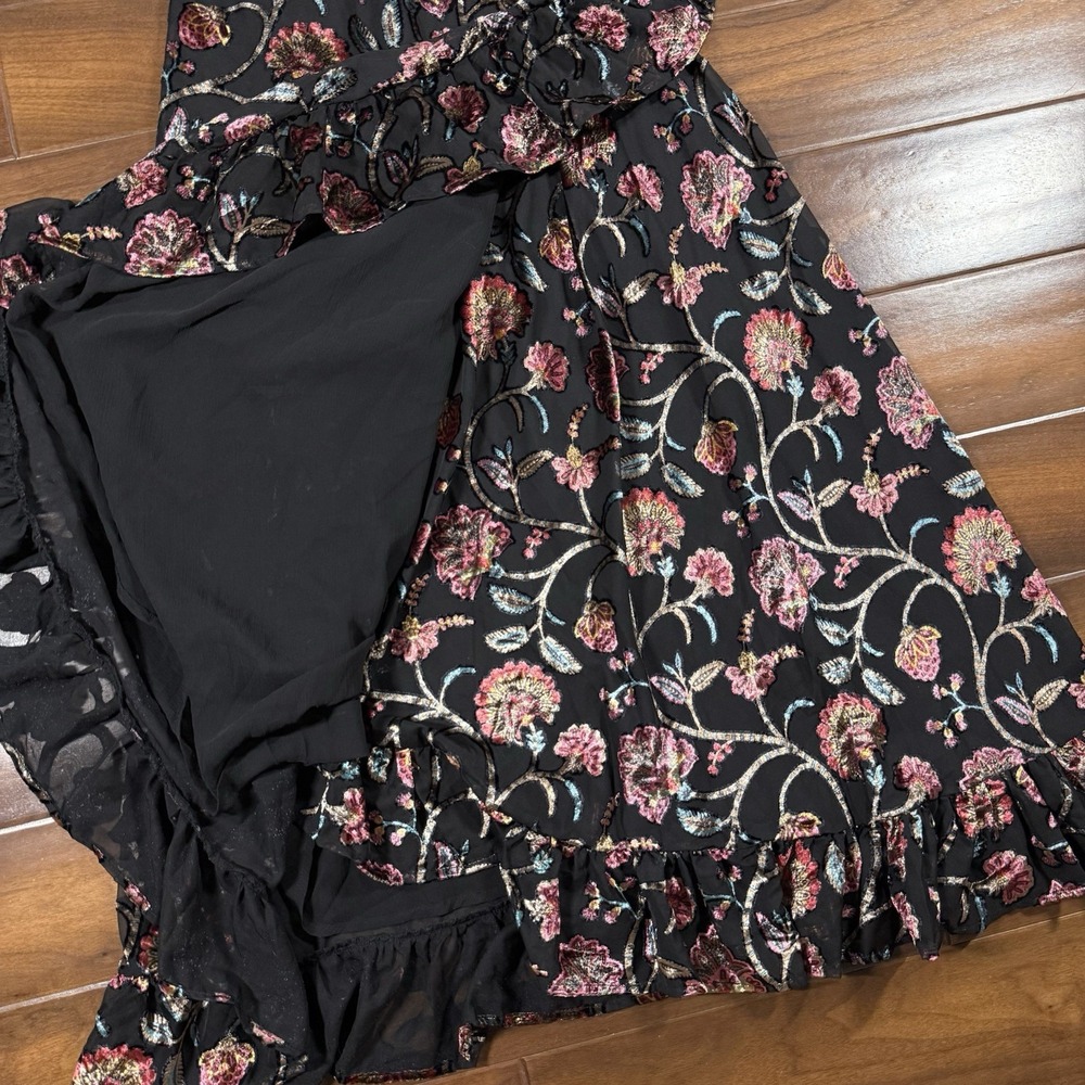 Talisman Women's Size XS Black Floral Velvet Chiffon Carly Wrap Midi‎ Dress - Picture 6 of 12